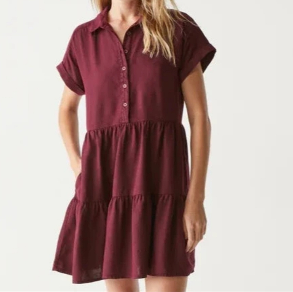 Michael Stars Greta Short Sleeve linen Tiered maroon burgundy  Dress Siz…